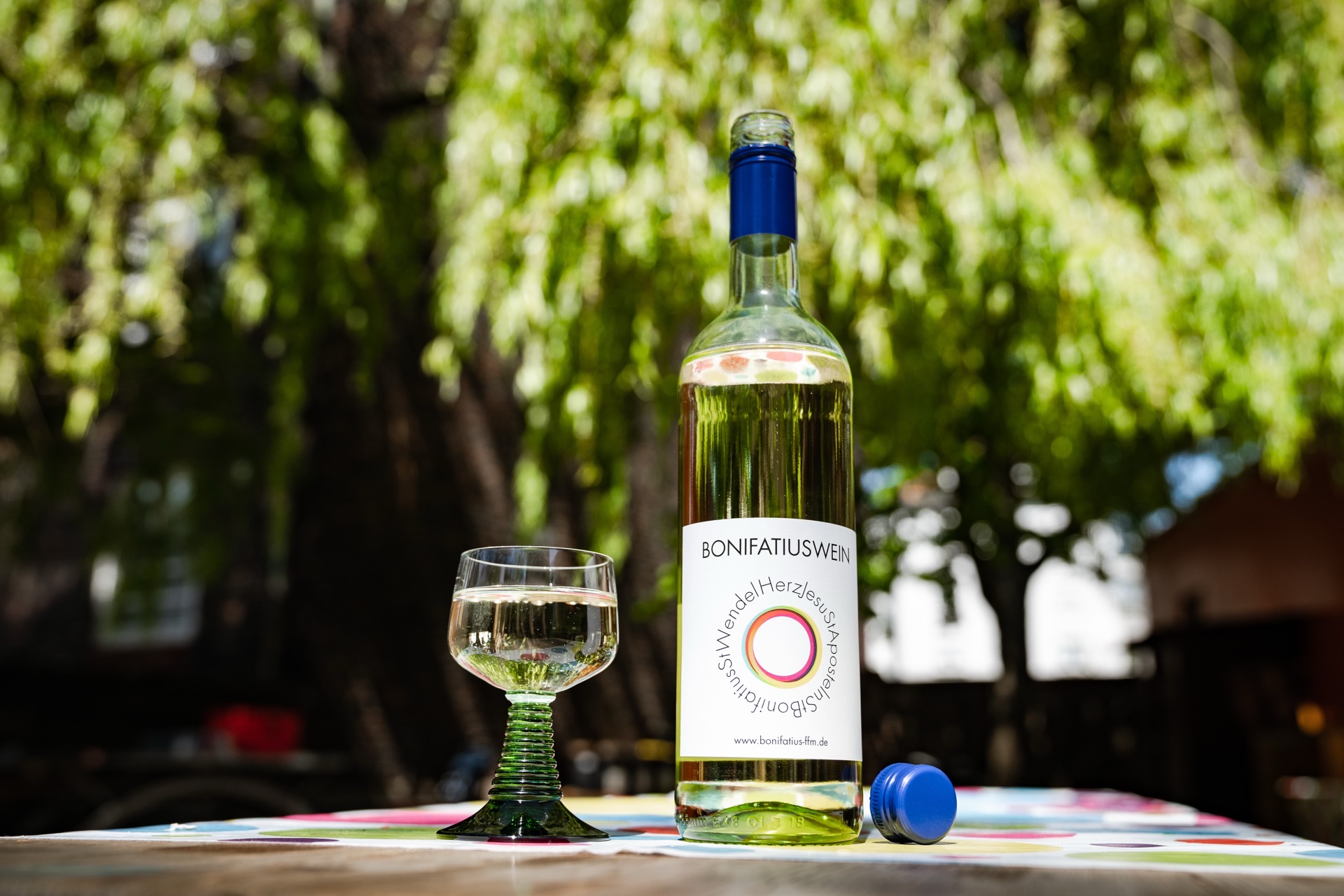 Flasche Weißwein und Glas im Garten