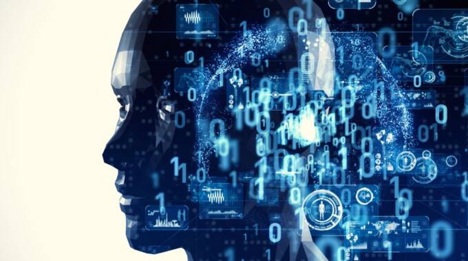 Menschlicher Kopf mit digitalen Einsen und Nullen.