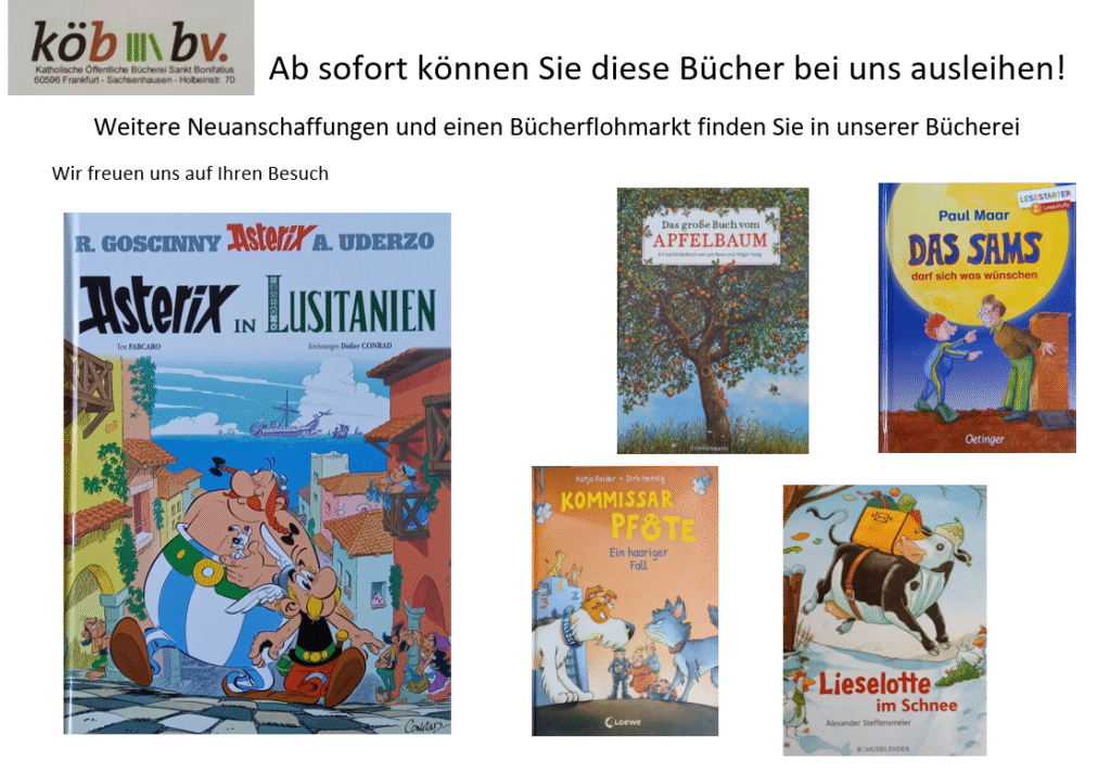 Bücherei-Neuerscheinungen zum Ausleihen: Asterix, Apfelbaum, Sams.