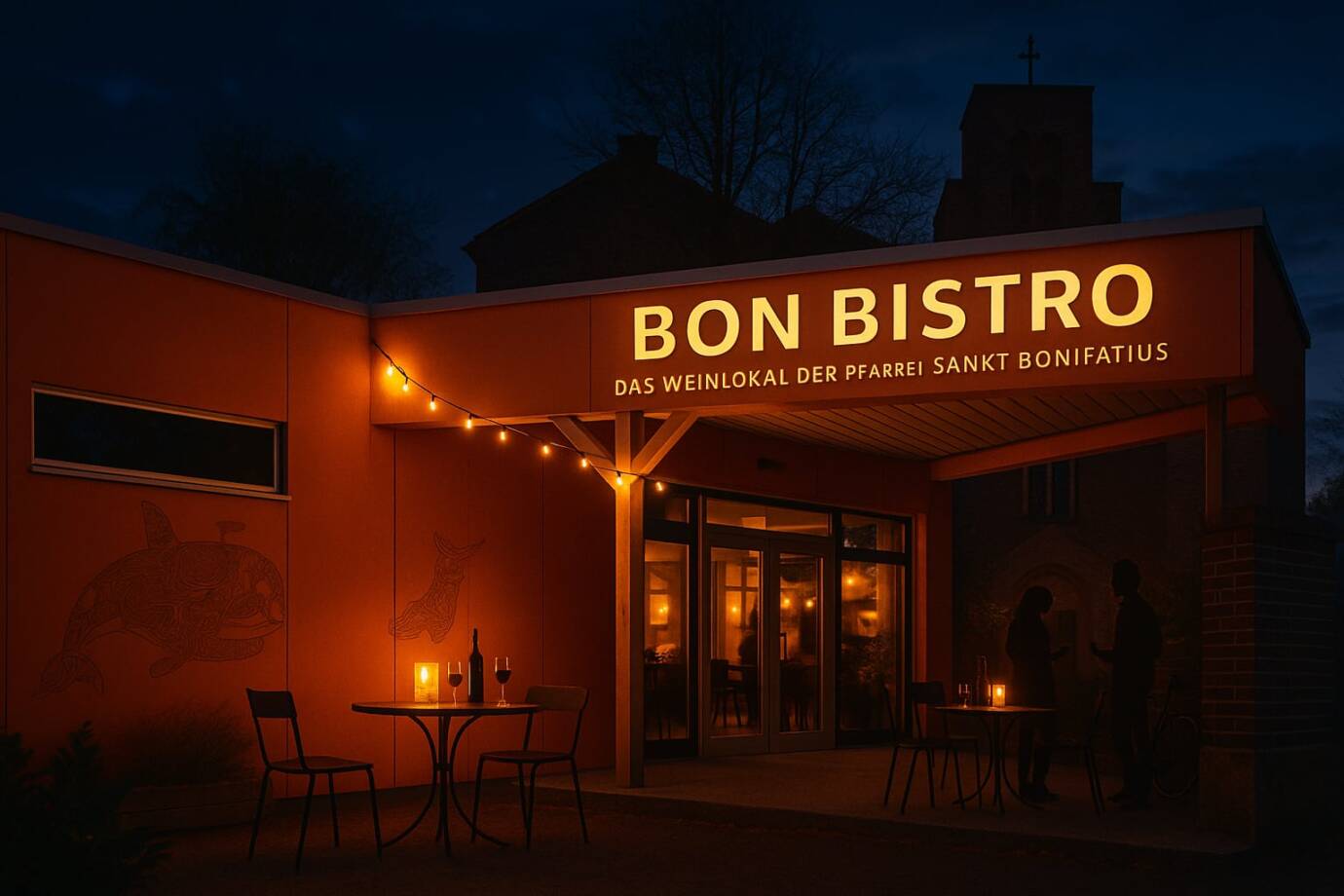 Bistro bei Nacht mit Kerzenlicht und Lichterkette.