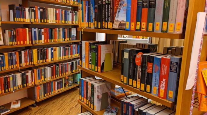 Bücherregale in einer Bibliothek mit vielen Romanen