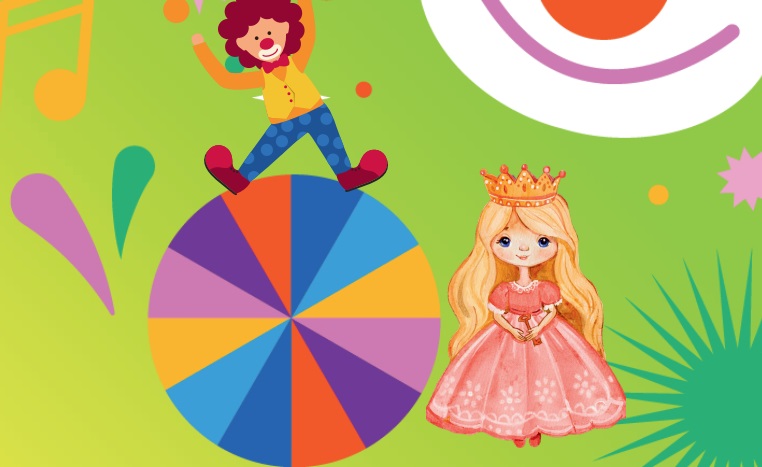 Clown und Prinzessin vor buntem Hintergrund